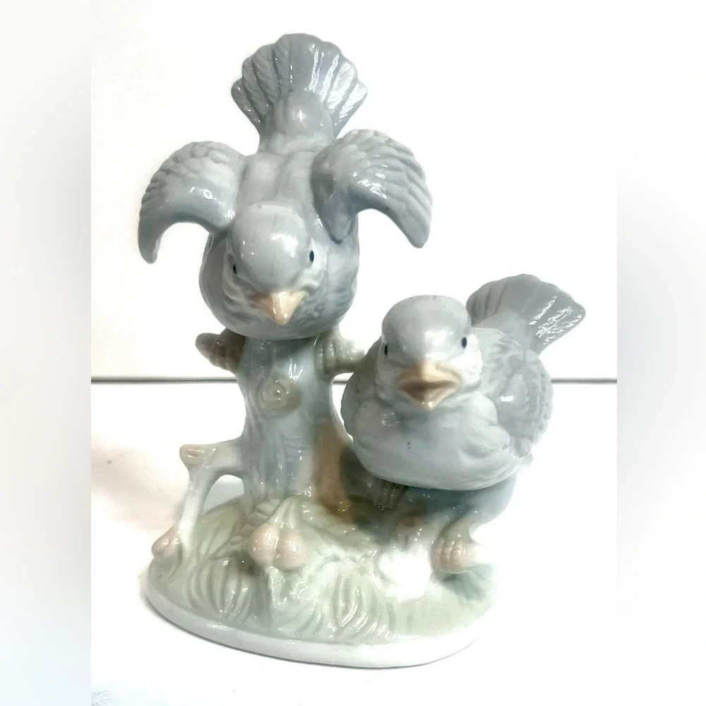 Vintage Porcelain Blue Birds Figurine Pair on Tree Branch